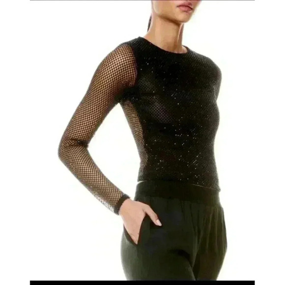 Alice + Olivia Black Delania Sequin Cropped Top Long Sleeve Blouse Size S/M - Picture 4 of 14